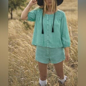 SUNDANCE: 100% silk Seafoam Ruffle Blouse